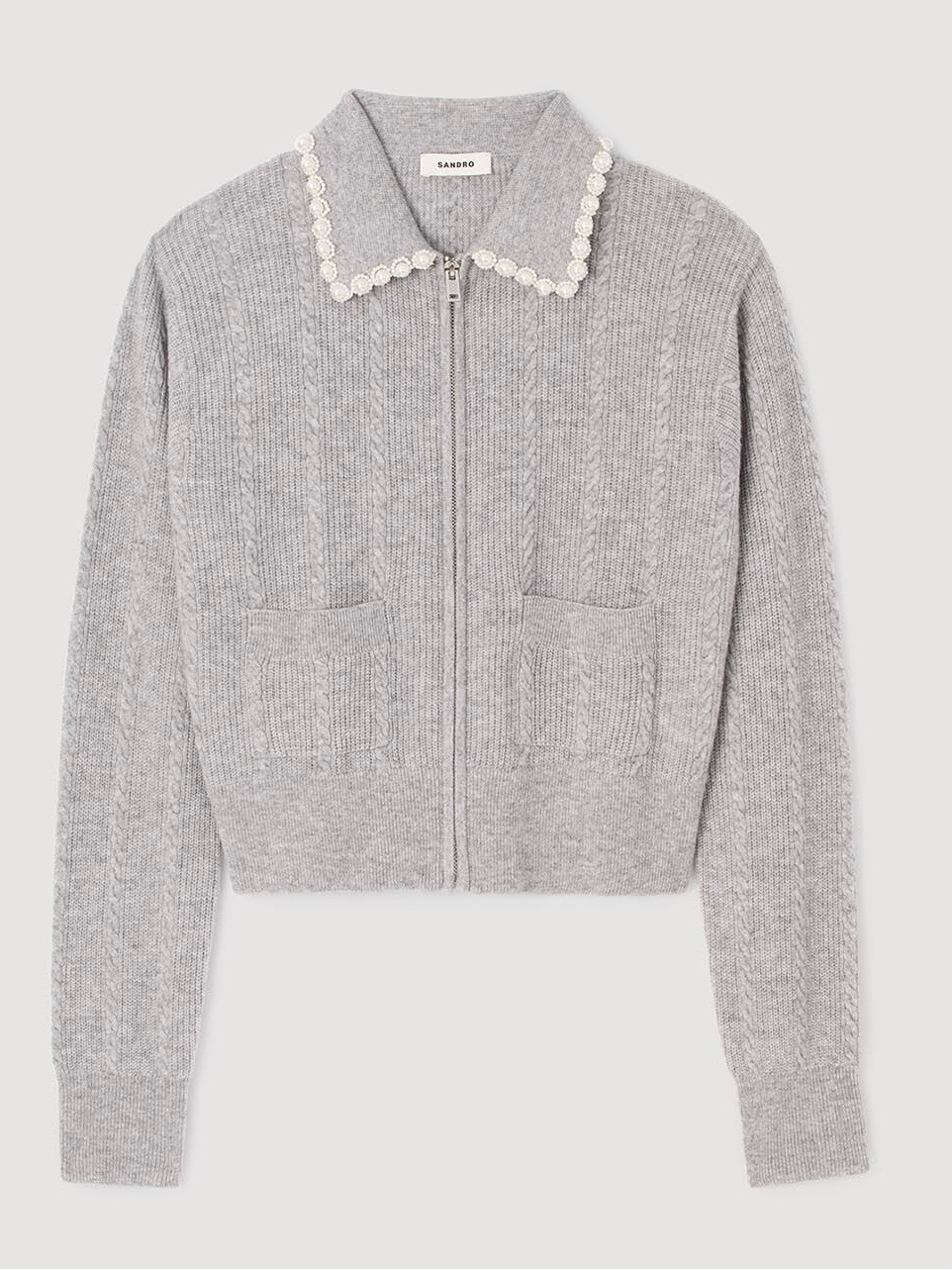 Sandro Light Gray Zip-Front Knit Cardigan With Pearl-Trim Collar Size 1 Nwt